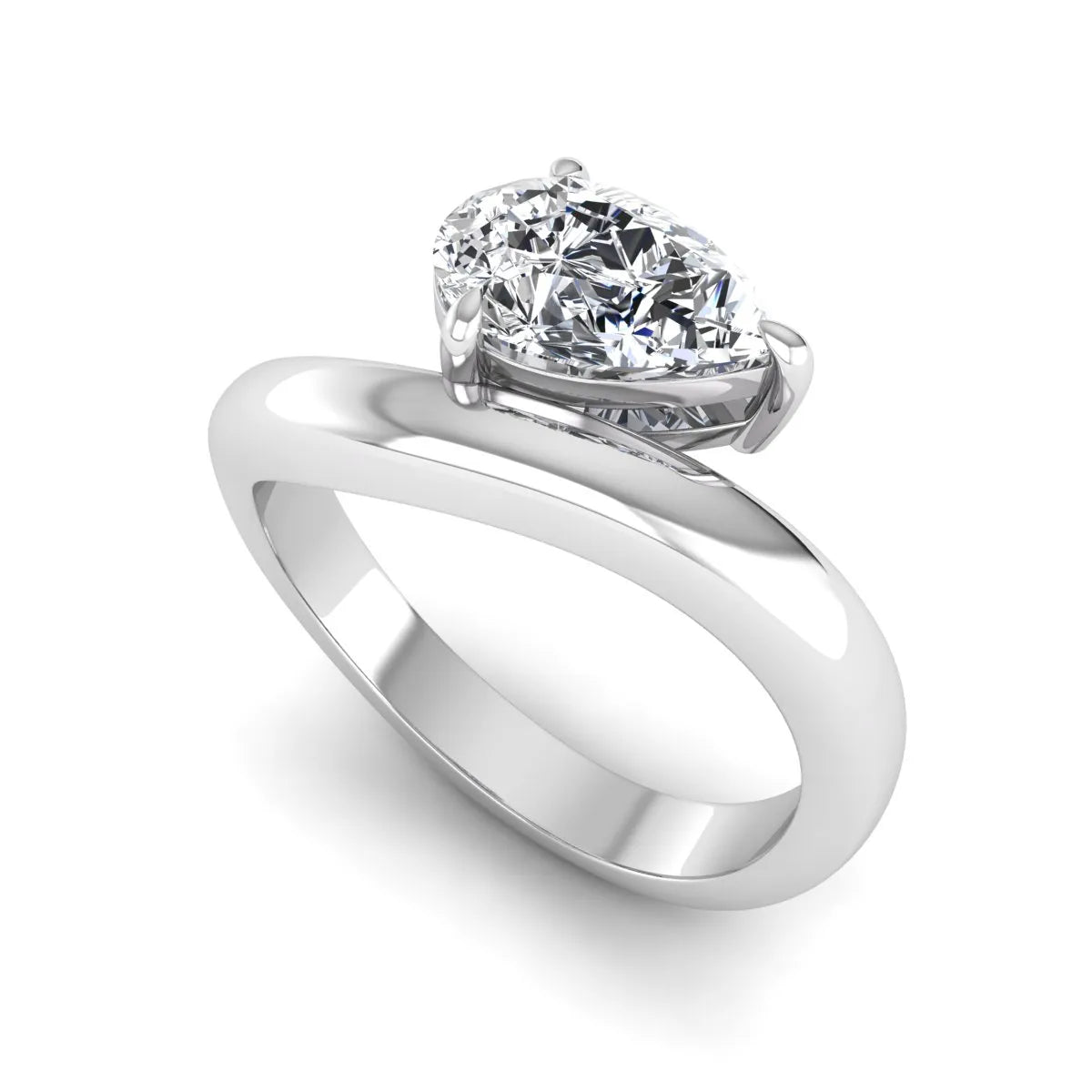 Pear cut lab grown diamond curved solitaire engagement ring with a four-prong setting in white gold