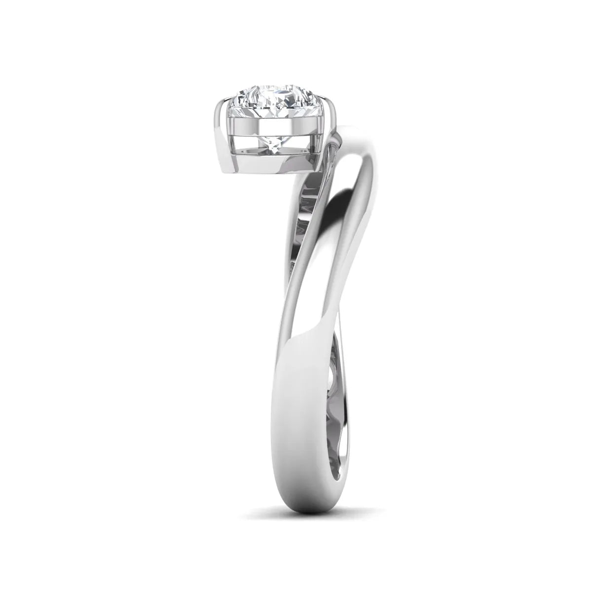 Pear cut lab grown diamond curved solitaire engagement ring with a four-prong setting in white gold