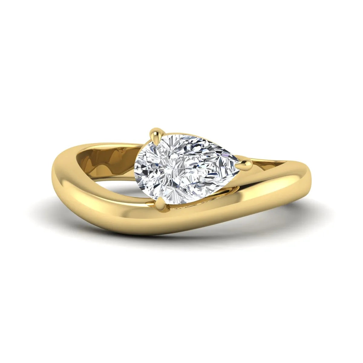 Pear cut lab grown diamond curved solitaire engagement ring with a four-prong setting in yellow gold