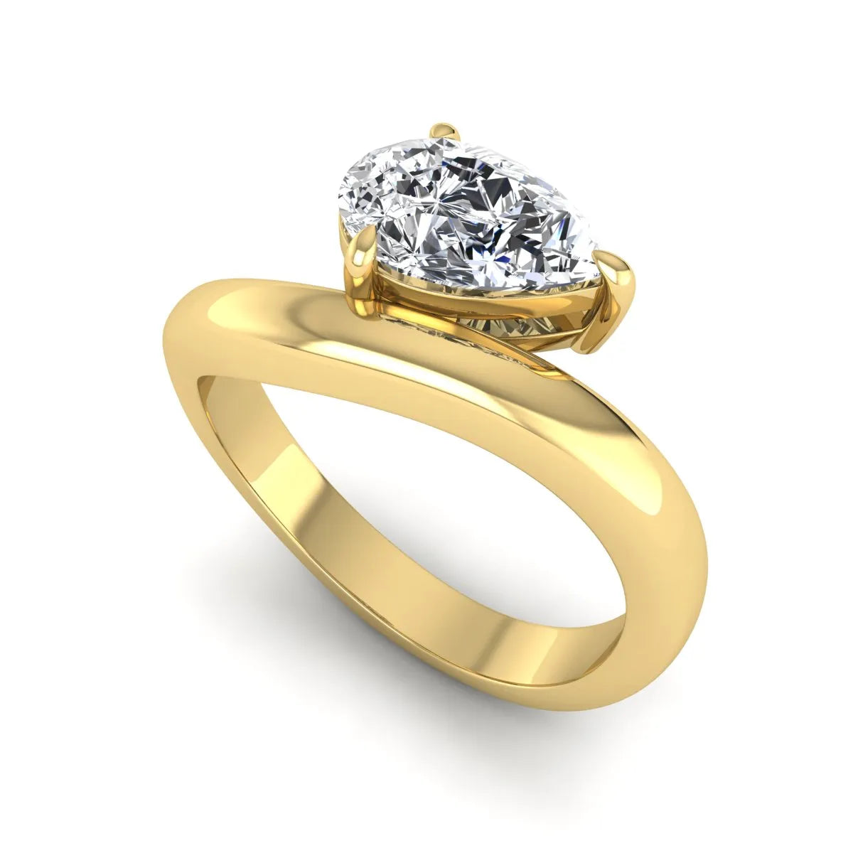 Pear cut lab grown diamond curved solitaire engagement ring with a four-prong setting in yellow gold
