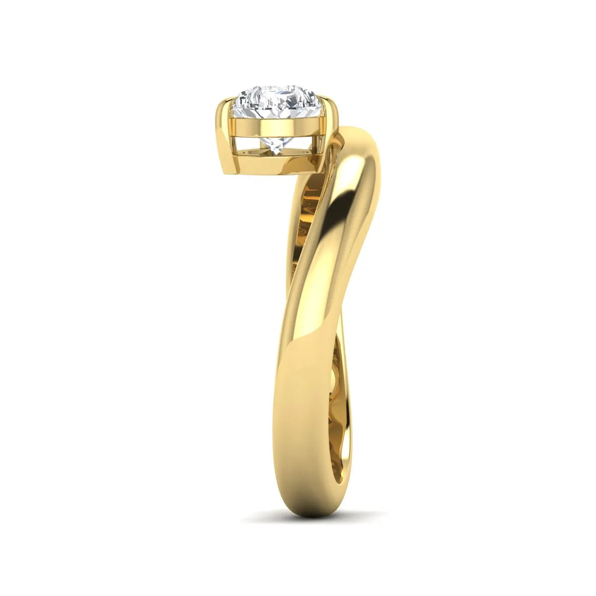 Pear cut lab grown diamond curved solitaire engagement ring with a four-prong setting in yellow gold