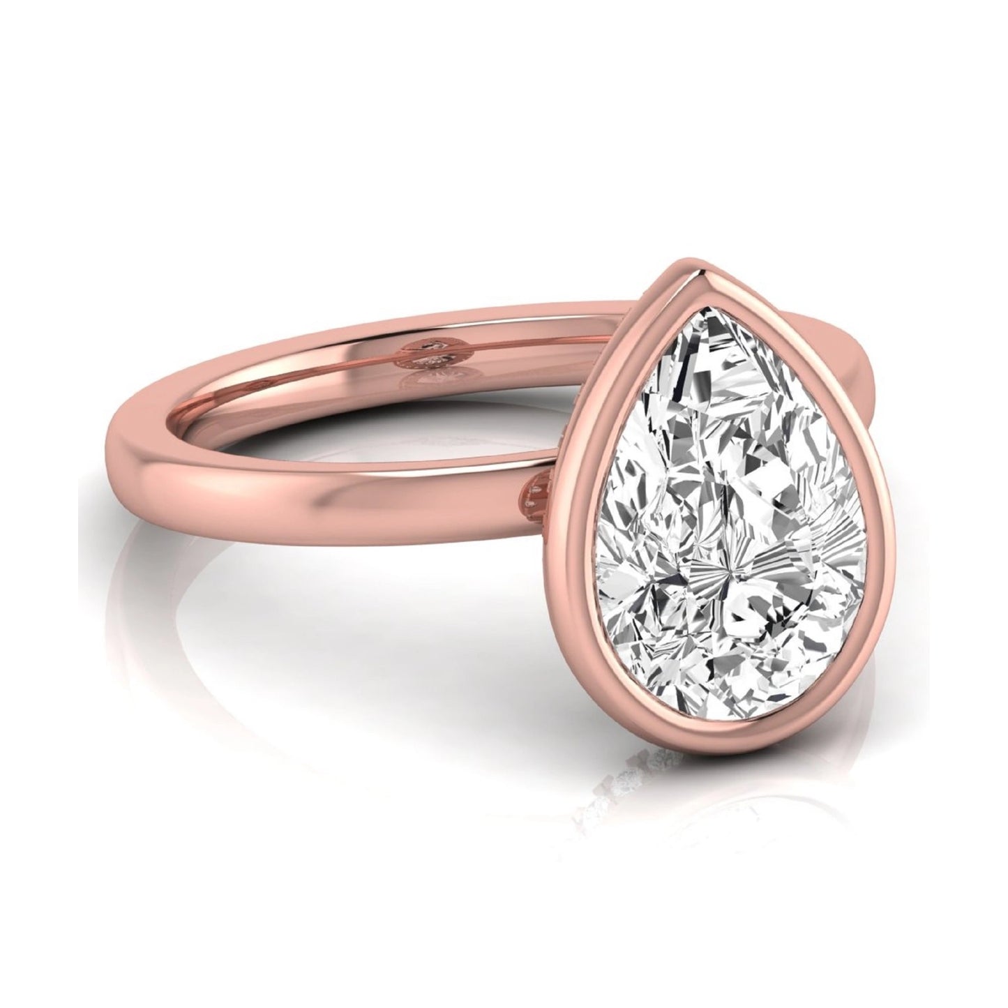 Pear cut lab grown diamond engagement ring featuring a 1.80 carat IGI certified diamond in a bezel setting with a hidden halo of round diamonds on a rose gold band.