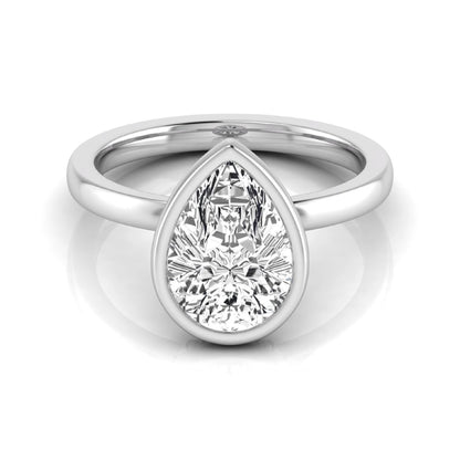 Pear cut lab grown diamond engagement ring featuring a 1.80 carat IGI certified diamond in a bezel setting with a hidden halo of round diamonds on a white gold band.