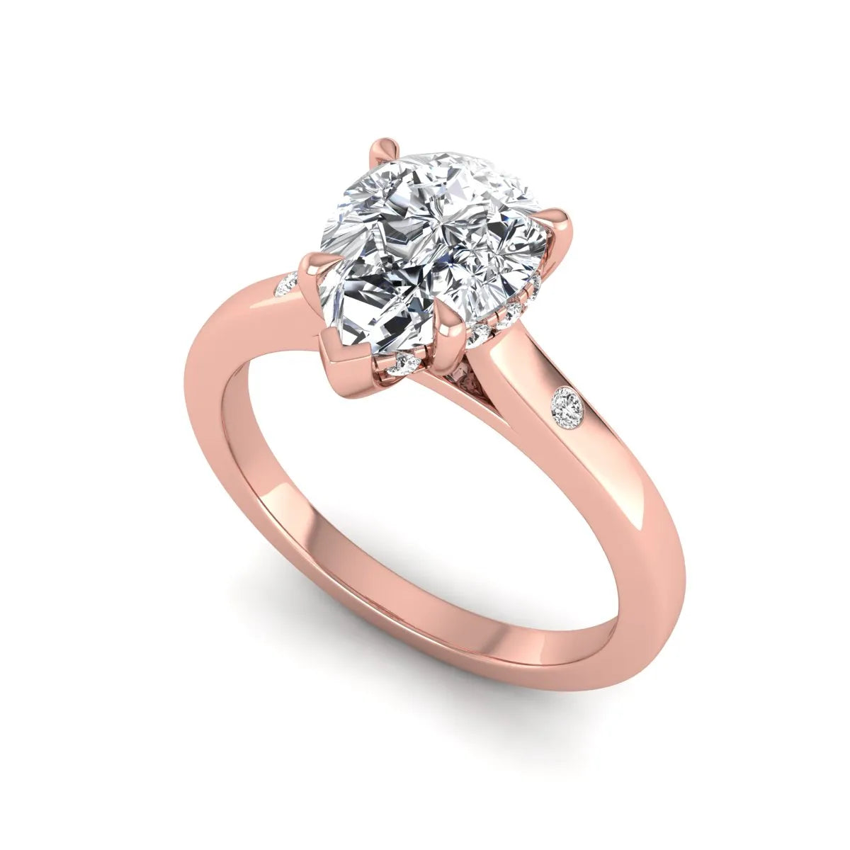 Pear cut lab grown diamond engagement ring with hidden halo and flush set round accent diamonds in rose gold featuring a 1.75 carat IGI certified center diamond.