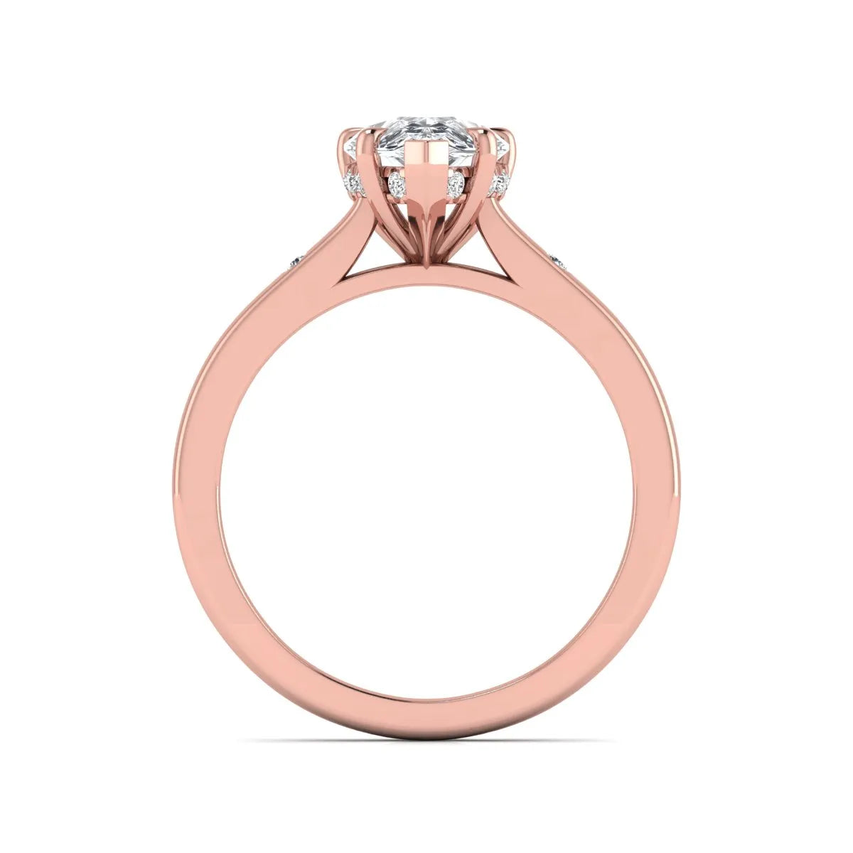 Pear cut lab grown diamond engagement ring with hidden halo and flush set round accent diamonds in rose gold featuring a 1.75 carat IGI certified center diamond.