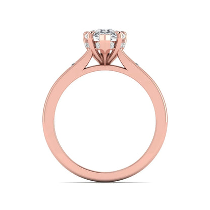 Pear cut lab grown diamond engagement ring with hidden halo and flush set round accent diamonds in rose gold featuring a 1.75 carat IGI certified center diamond.