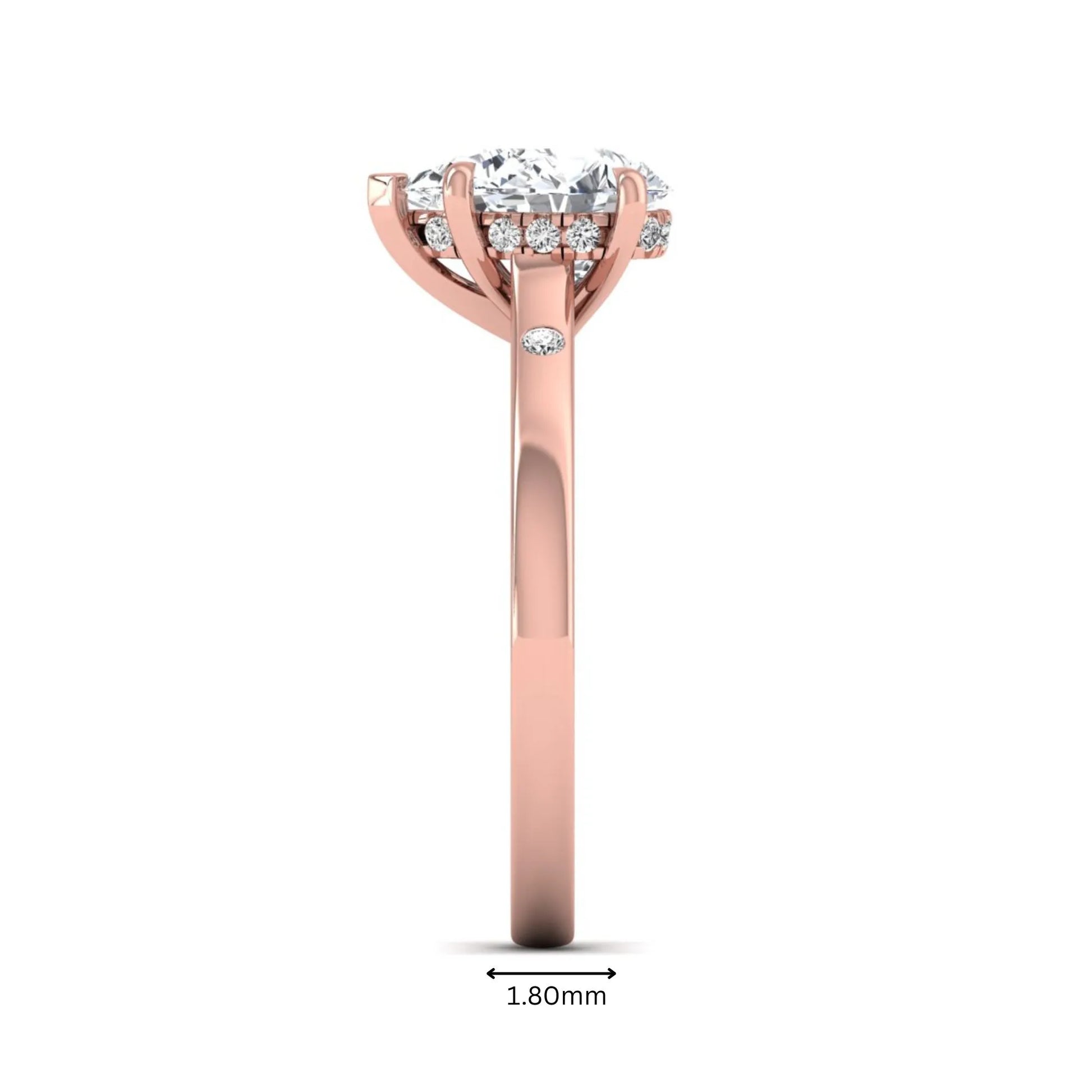 Pear cut lab grown diamond engagement ring with hidden halo and flush set round accent diamonds in rose gold featuring a 1.75 carat IGI certified center diamond.