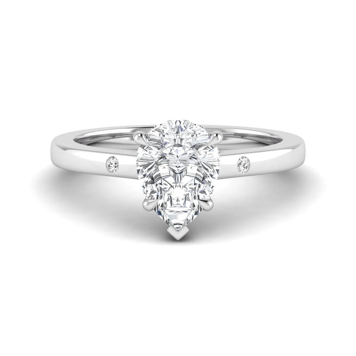 Pear cut lab grown diamond engagement ring with hidden halo and flush set round accent diamonds in white gold featuring a 1.75 carat IGI certified center diamond.