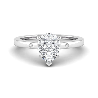 Pear cut lab grown diamond engagement ring with hidden halo and flush set round accent diamonds in white gold featuring a 1.75 carat IGI certified center diamond.
