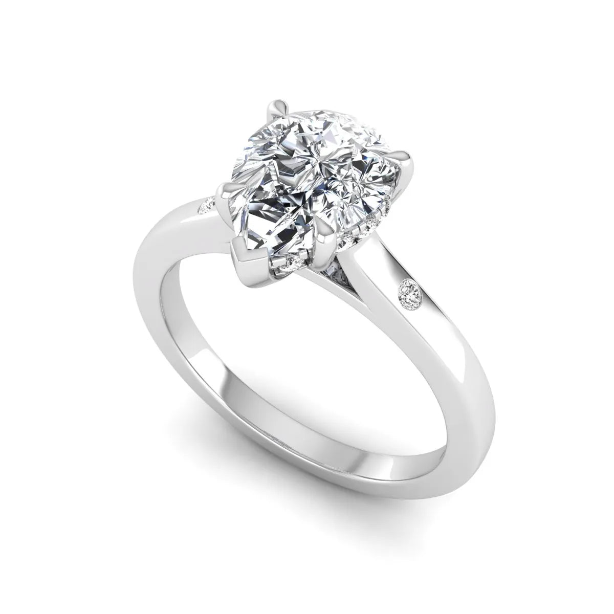 Pear cut lab grown diamond engagement ring with hidden halo and flush set round accent diamonds in white gold featuring a 1.75 carat IGI certified center diamond.