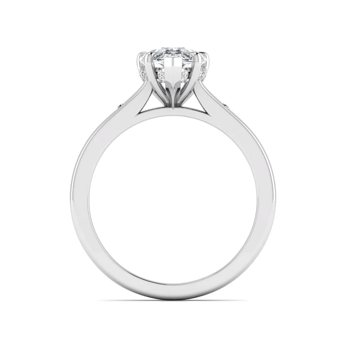 Pear cut lab grown diamond engagement ring with hidden halo and flush set round accent diamonds in white gold featuring a 1.75 carat IGI certified center diamond.