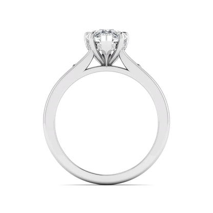 Pear cut lab grown diamond engagement ring with hidden halo and flush set round accent diamonds in white gold featuring a 1.75 carat IGI certified center diamond.