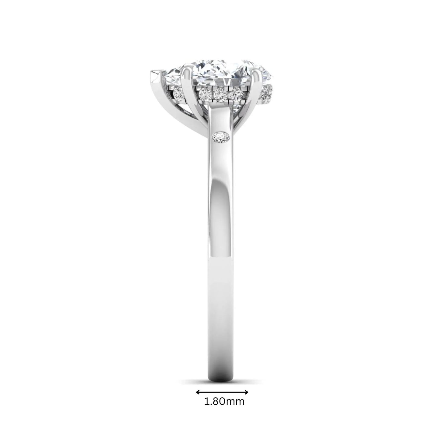 Pear cut lab grown diamond engagement ring with hidden halo and flush set round accent diamonds in white gold featuring a 1.75 carat IGI certified center diamond.