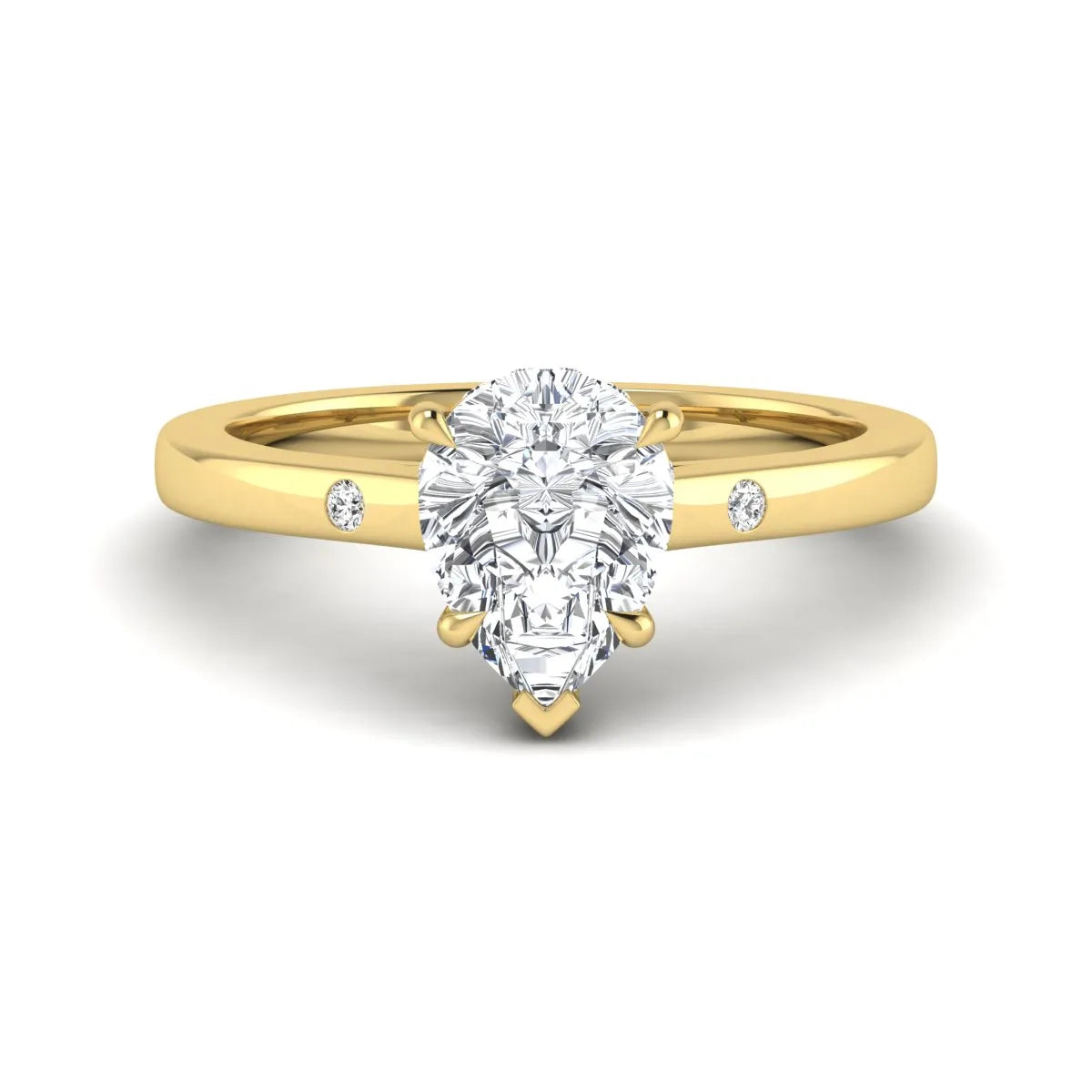 Pear cut lab grown diamond engagement ring with hidden halo and flush set round accent diamonds in yellow gold featuring a 1.75 carat IGI certified center diamond.