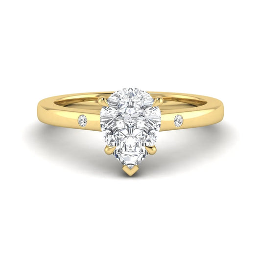 Pear cut lab grown diamond engagement ring with hidden halo and flush set round accent diamonds in yellow gold featuring a 1.75 carat IGI certified center diamond.