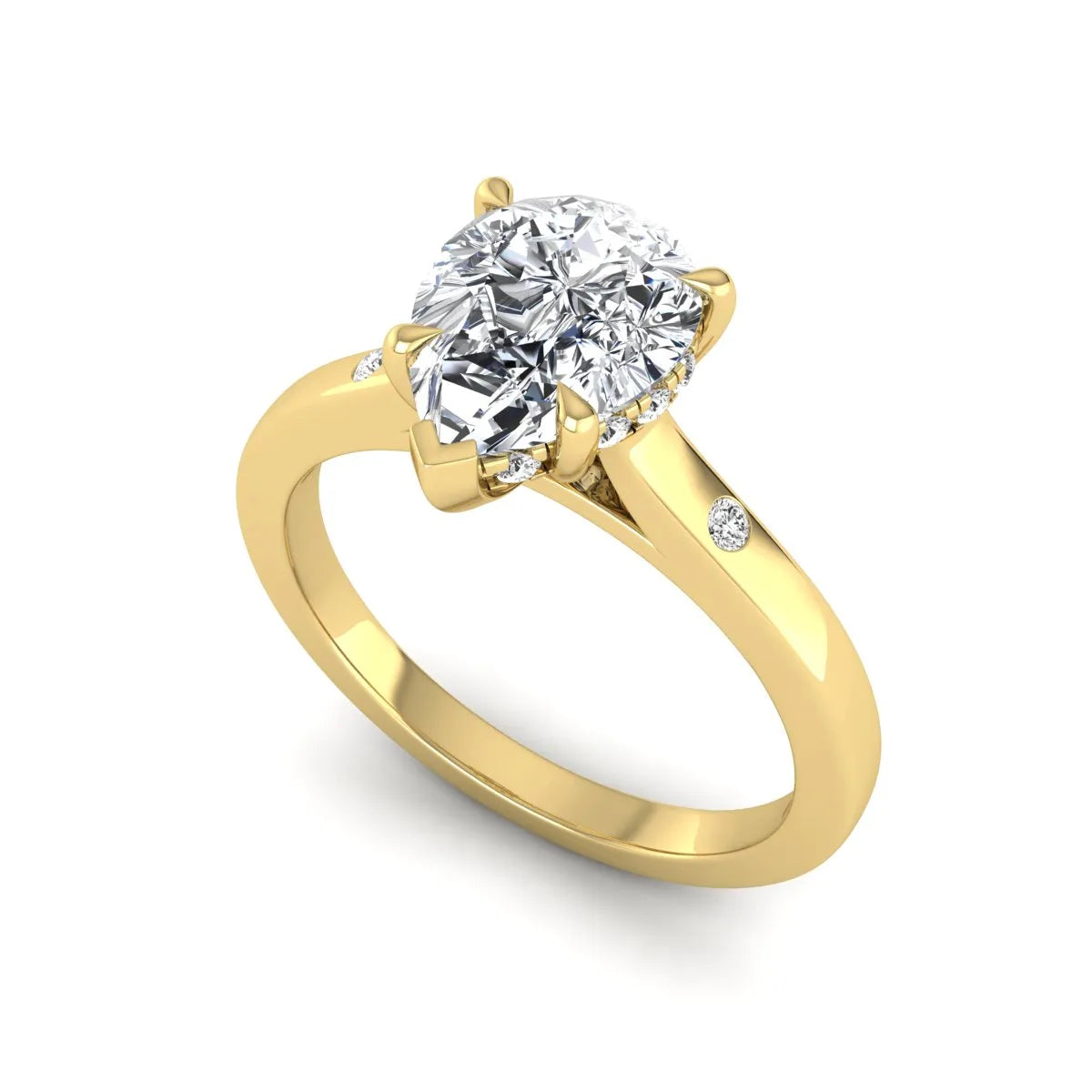 Pear cut lab grown diamond engagement ring with hidden halo and flush set round accent diamonds in yellow gold featuring a 1.75 carat IGI certified center diamond.