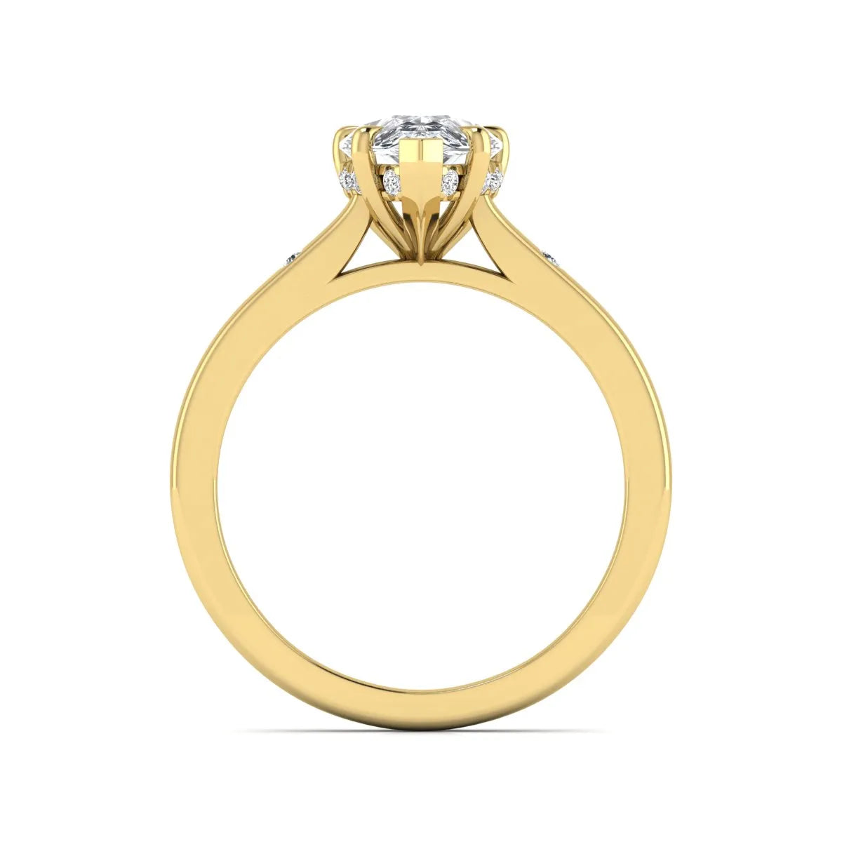 Pear cut lab grown diamond engagement ring with hidden halo and flush set round accent diamonds in yellow gold featuring a 1.75 carat IGI certified center diamond.
