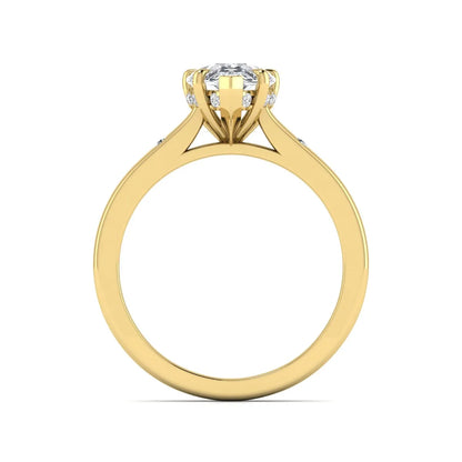 Pear cut lab grown diamond engagement ring with hidden halo and flush set round accent diamonds in yellow gold featuring a 1.75 carat IGI certified center diamond.