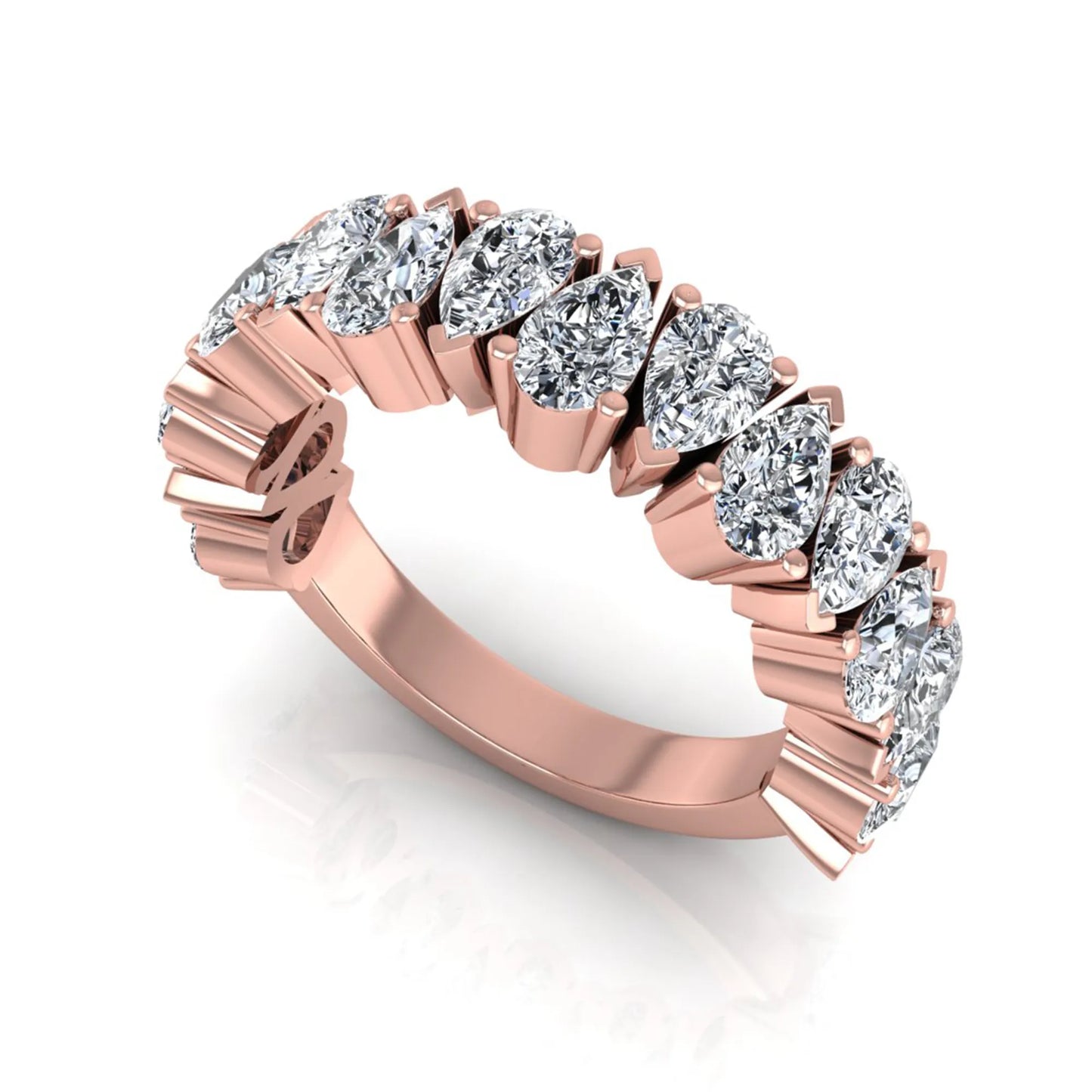 Pear cut lab grown diamond eternity wedding band featuring 4.00 carat total weight diamonds in a shared prong setting with a rose gold design.