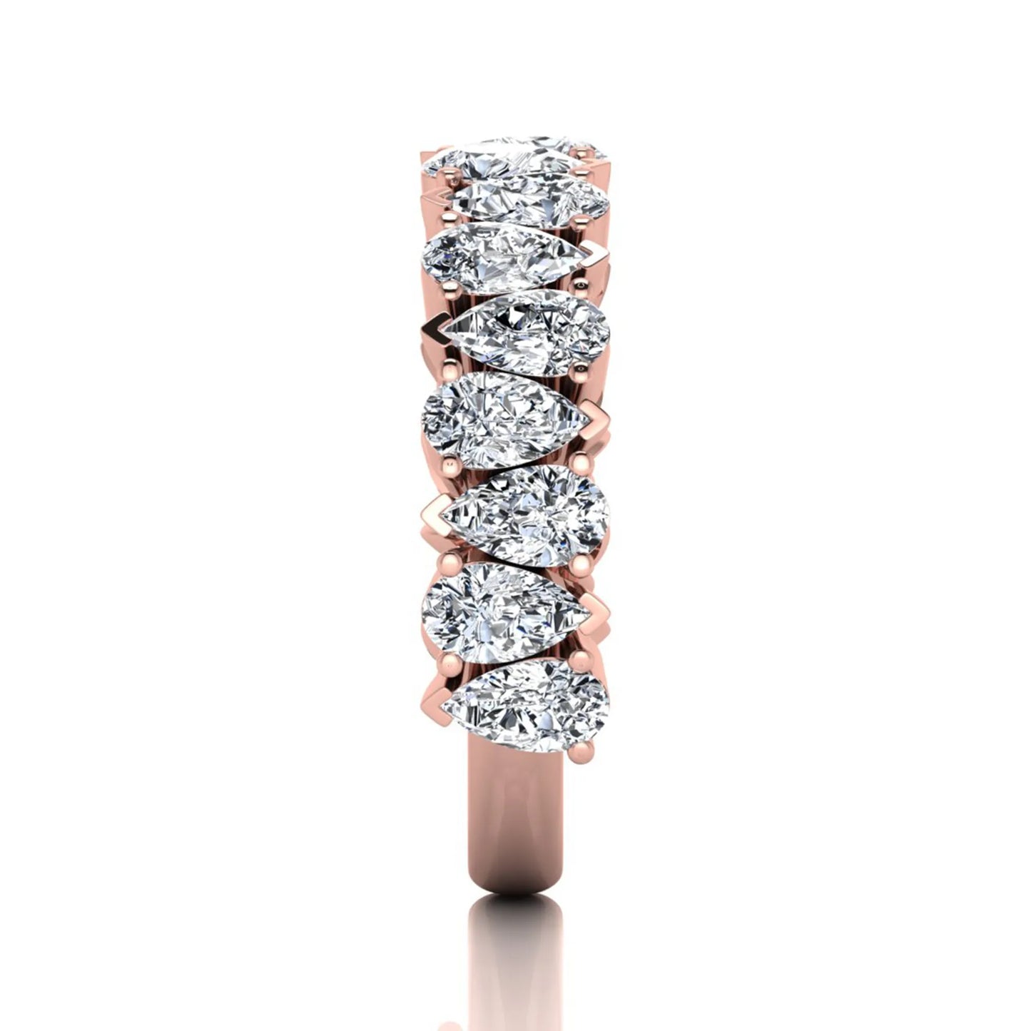 Pear cut lab grown diamond eternity wedding band featuring 4.00 carat total weight diamonds in a shared prong setting with a rose gold design.
