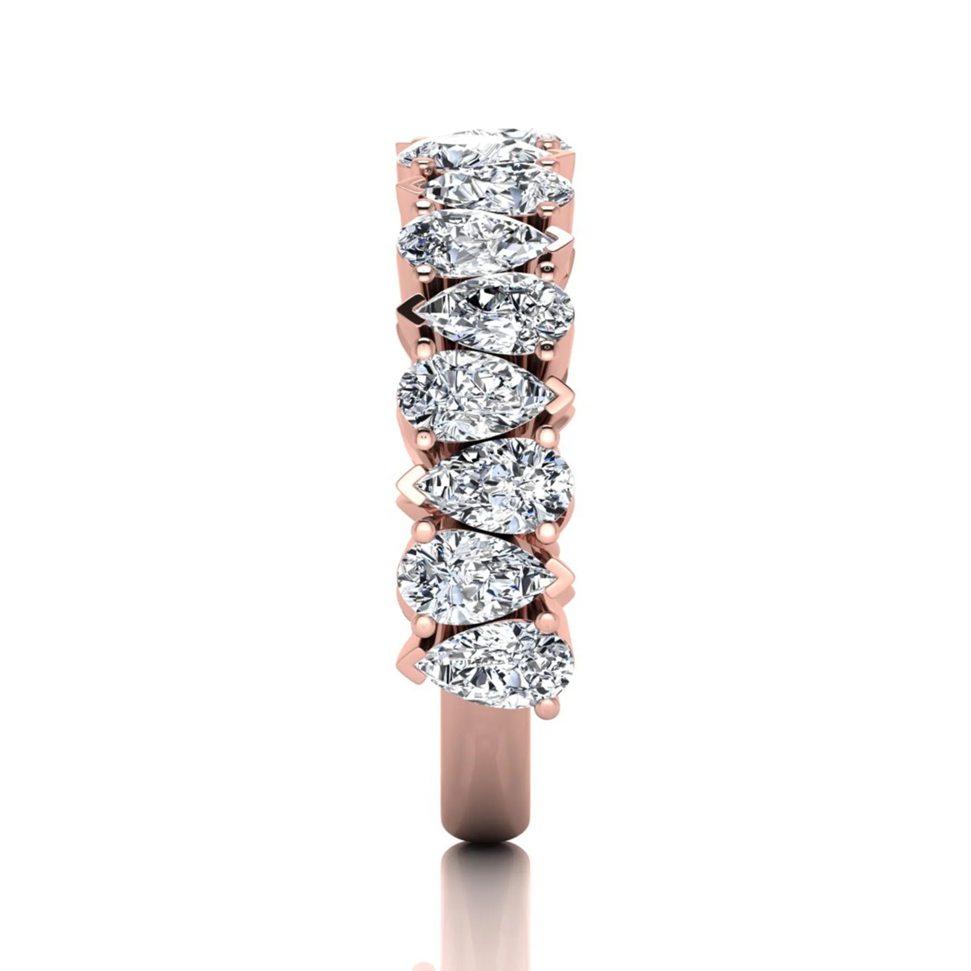 Pear cut lab grown diamond eternity wedding band featuring 4.00 carat total weight diamonds in a shared prong setting with a rose gold design.
