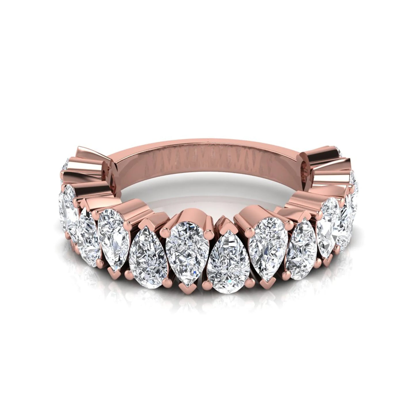 Pear cut lab grown diamond eternity wedding band featuring 4.00 carat total weight diamonds in a shared prong setting with a rose gold design.