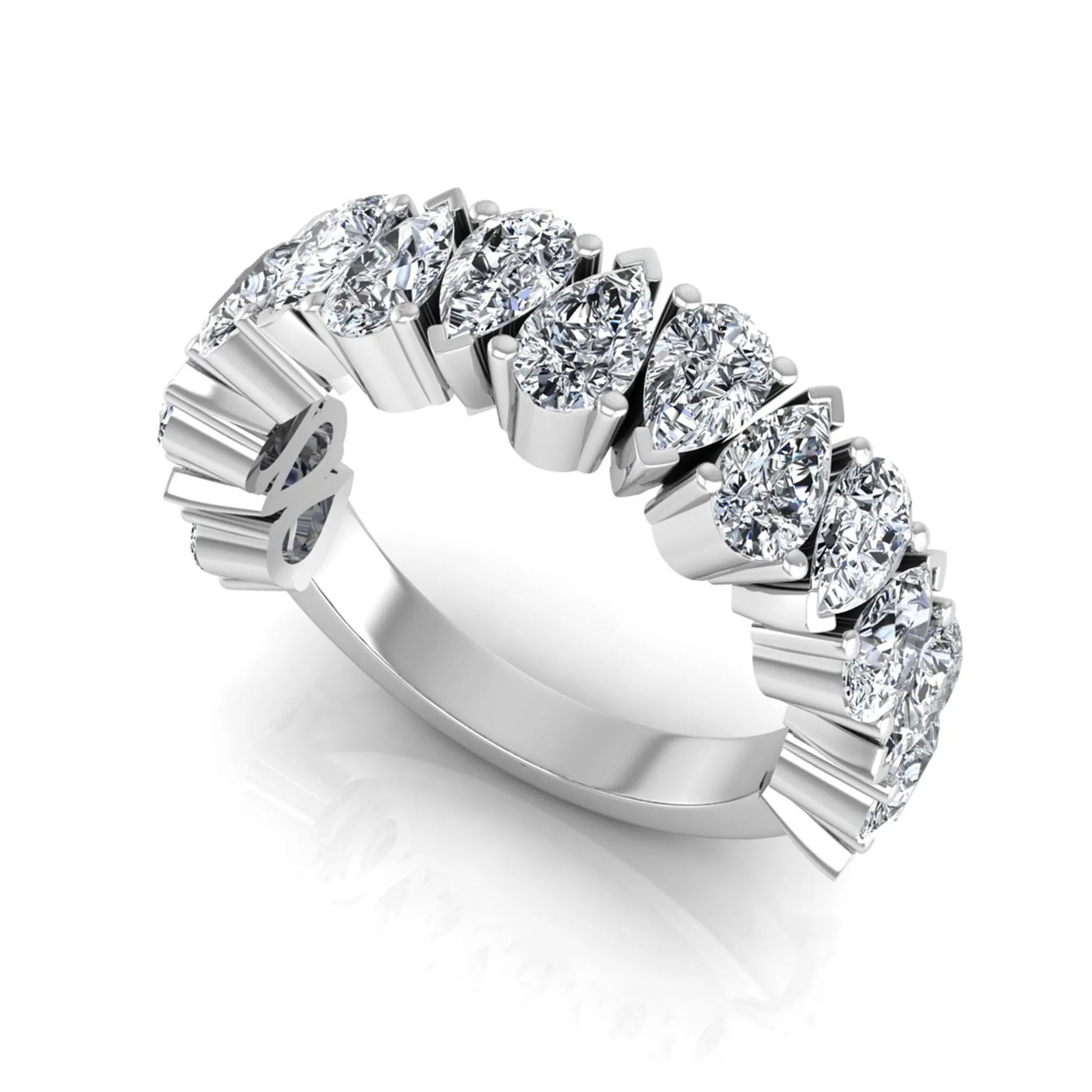 Pear cut lab grown diamond eternity wedding band featuring 4.00 carat total weight diamonds in a shared prong setting with a white gold design.