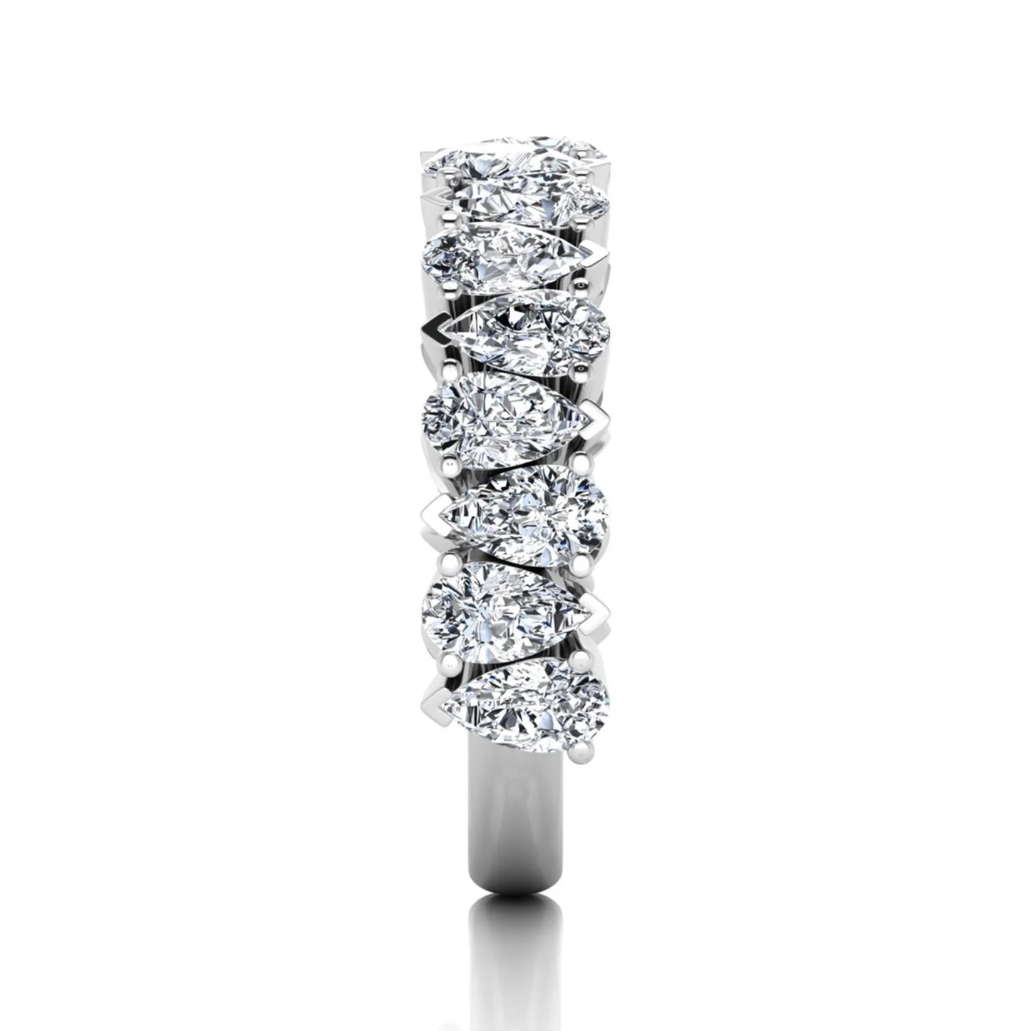 Pear cut lab grown diamond eternity wedding band featuring 4.00 carat total weight diamonds in a shared prong setting with a white gold design.