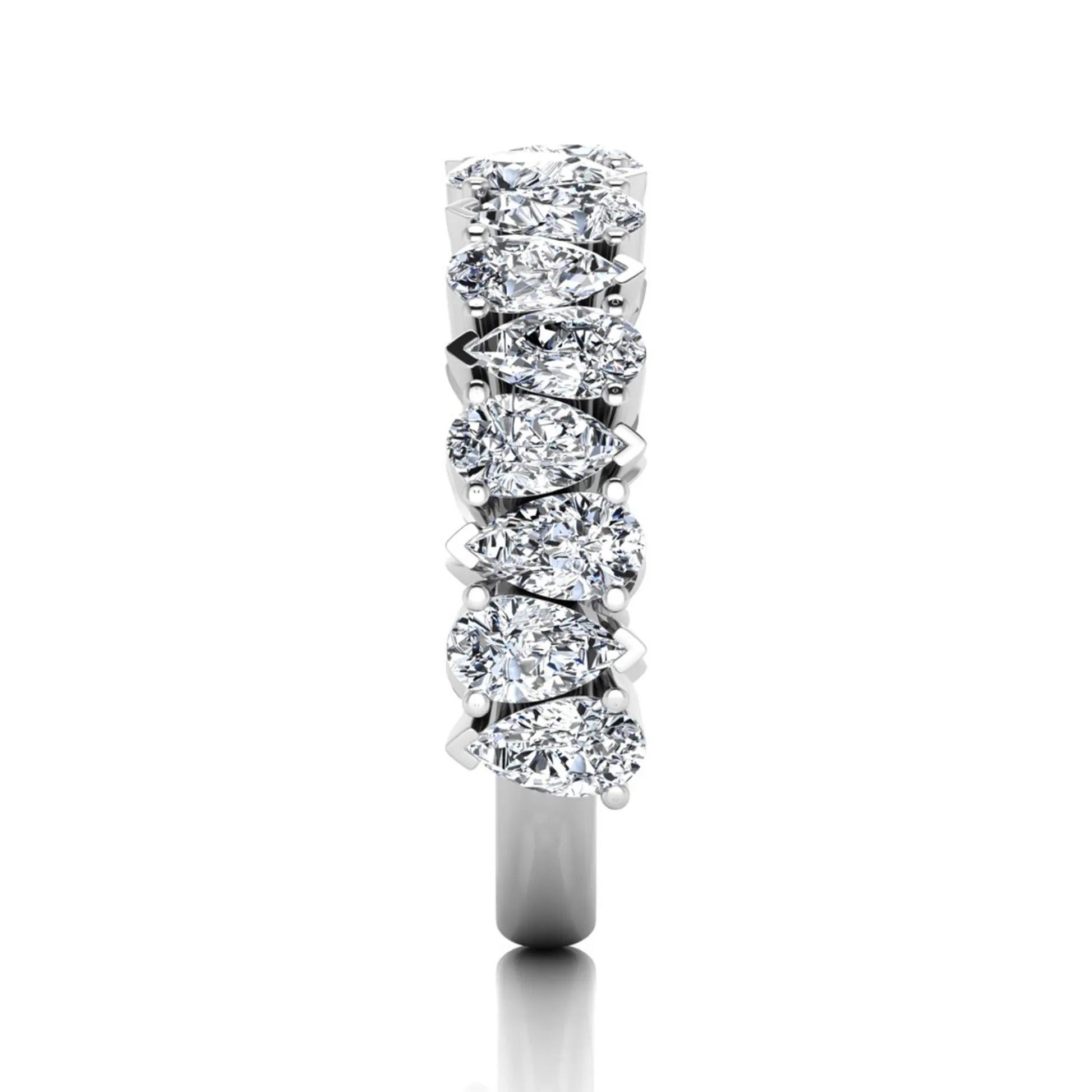 Pear cut lab grown diamond eternity wedding band featuring 4.00 carat total weight diamonds in a shared prong setting with a white gold design.