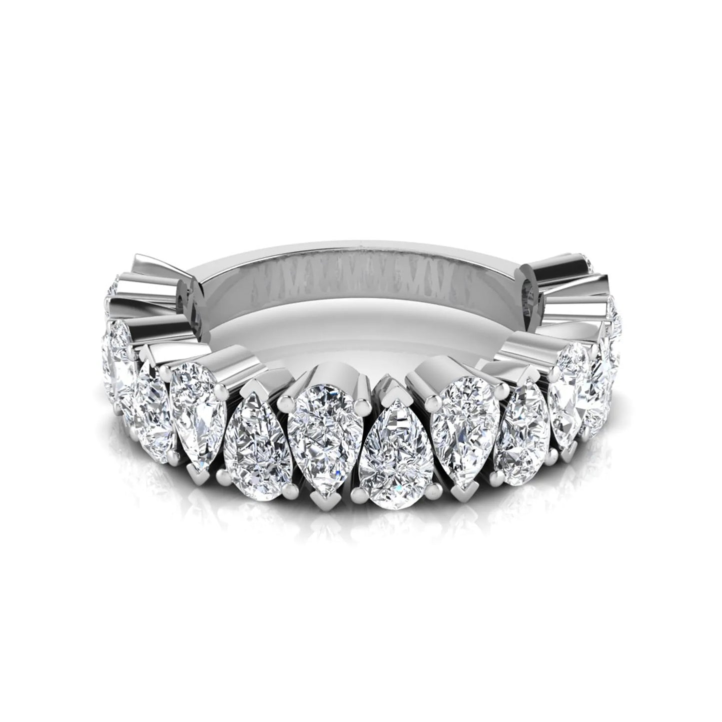 Pear cut lab grown diamond eternity wedding band featuring 4.00 carat total weight diamonds in a shared prong setting with a white gold design.