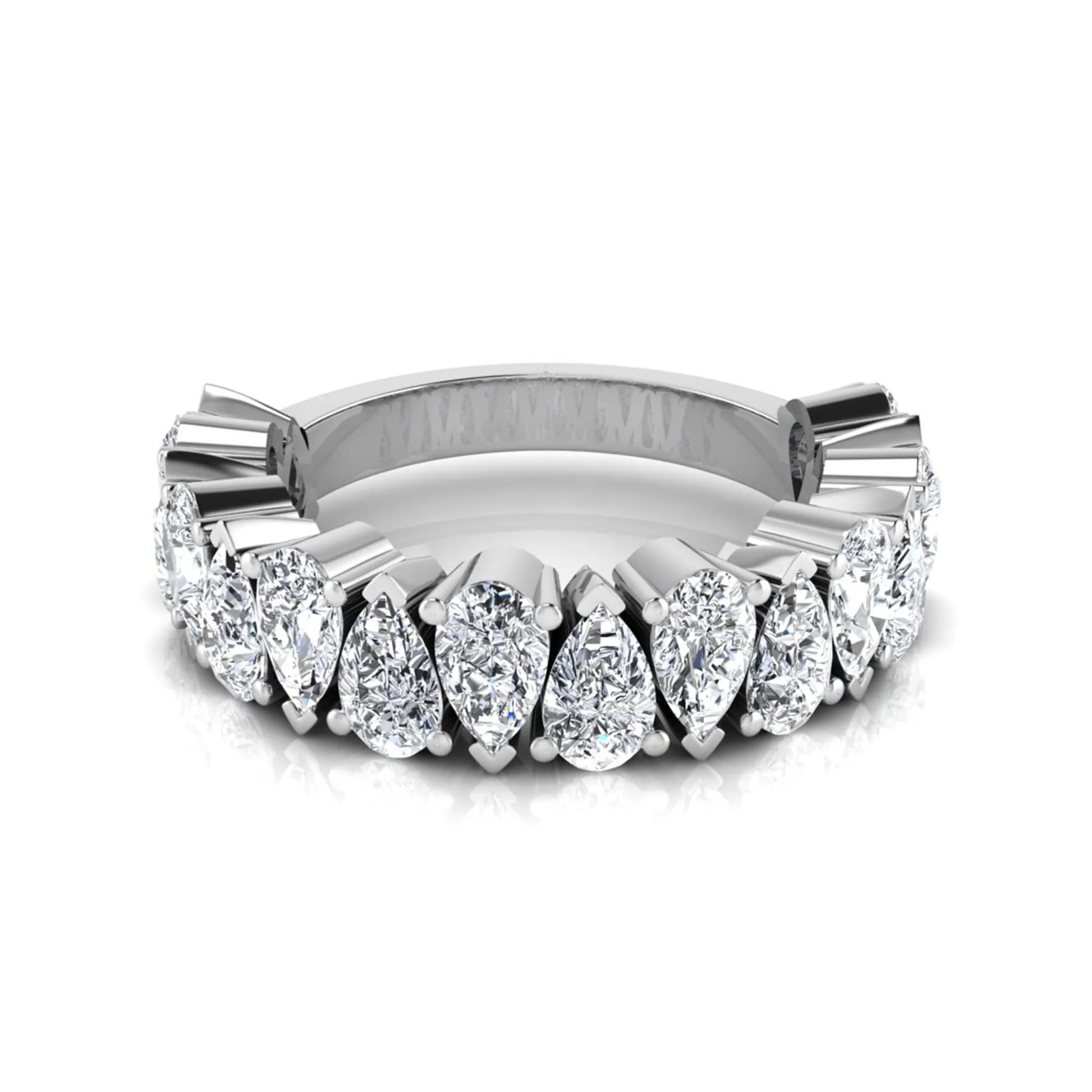 Pear cut lab grown diamond eternity wedding band featuring 4.00 carat total weight diamonds in a shared prong setting with a white gold design.