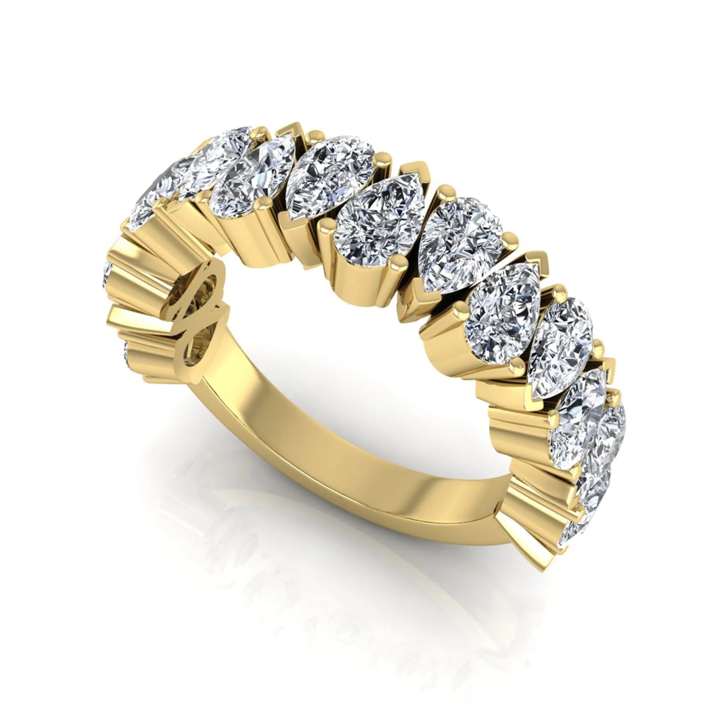 Pear cut lab grown diamond eternity wedding band featuring 4.00 carat total weight diamonds in a shared prong setting with a yellow gold design.