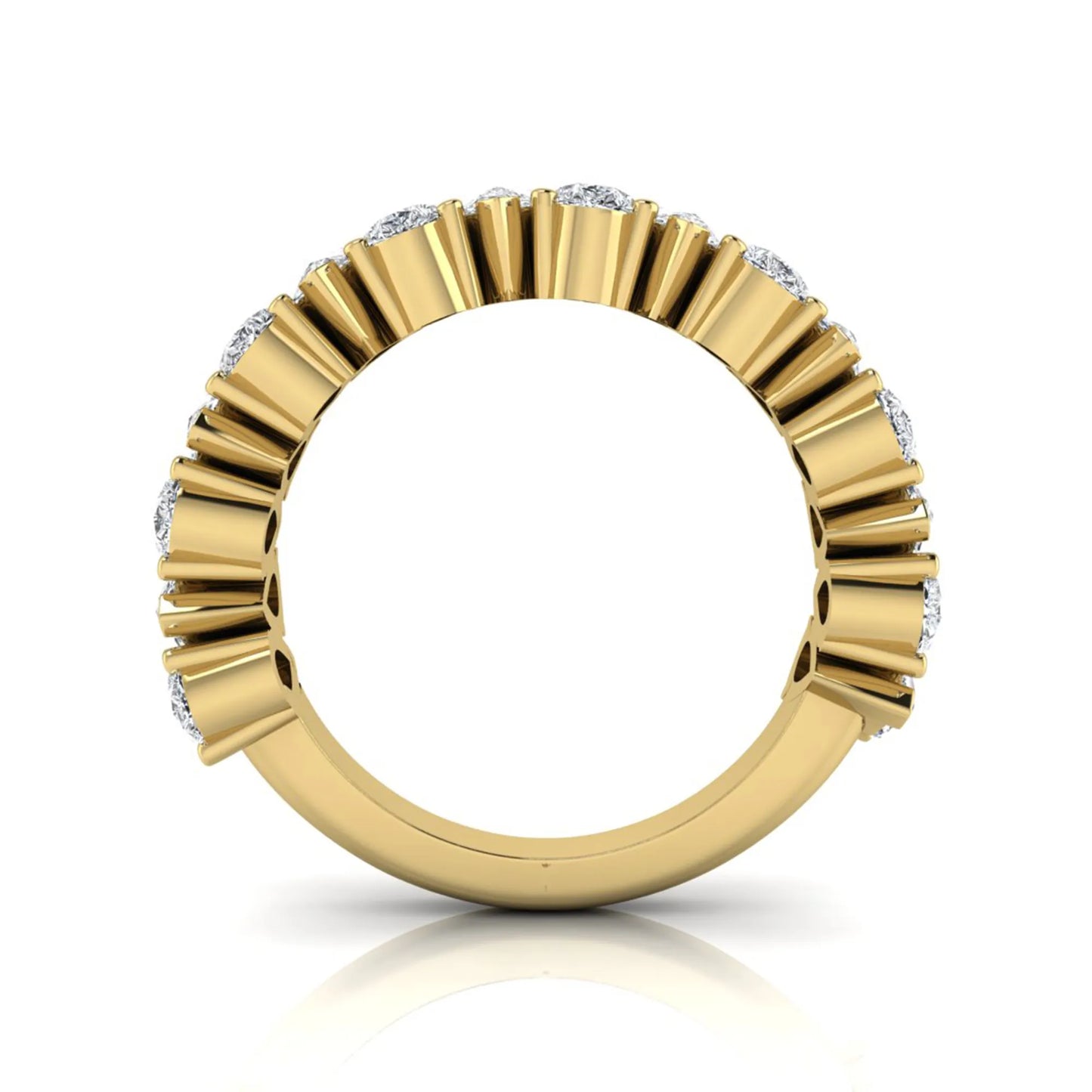 Pear cut lab grown diamond eternity wedding band featuring 4.00 carat total weight diamonds in a shared prong setting with a yellow gold design.