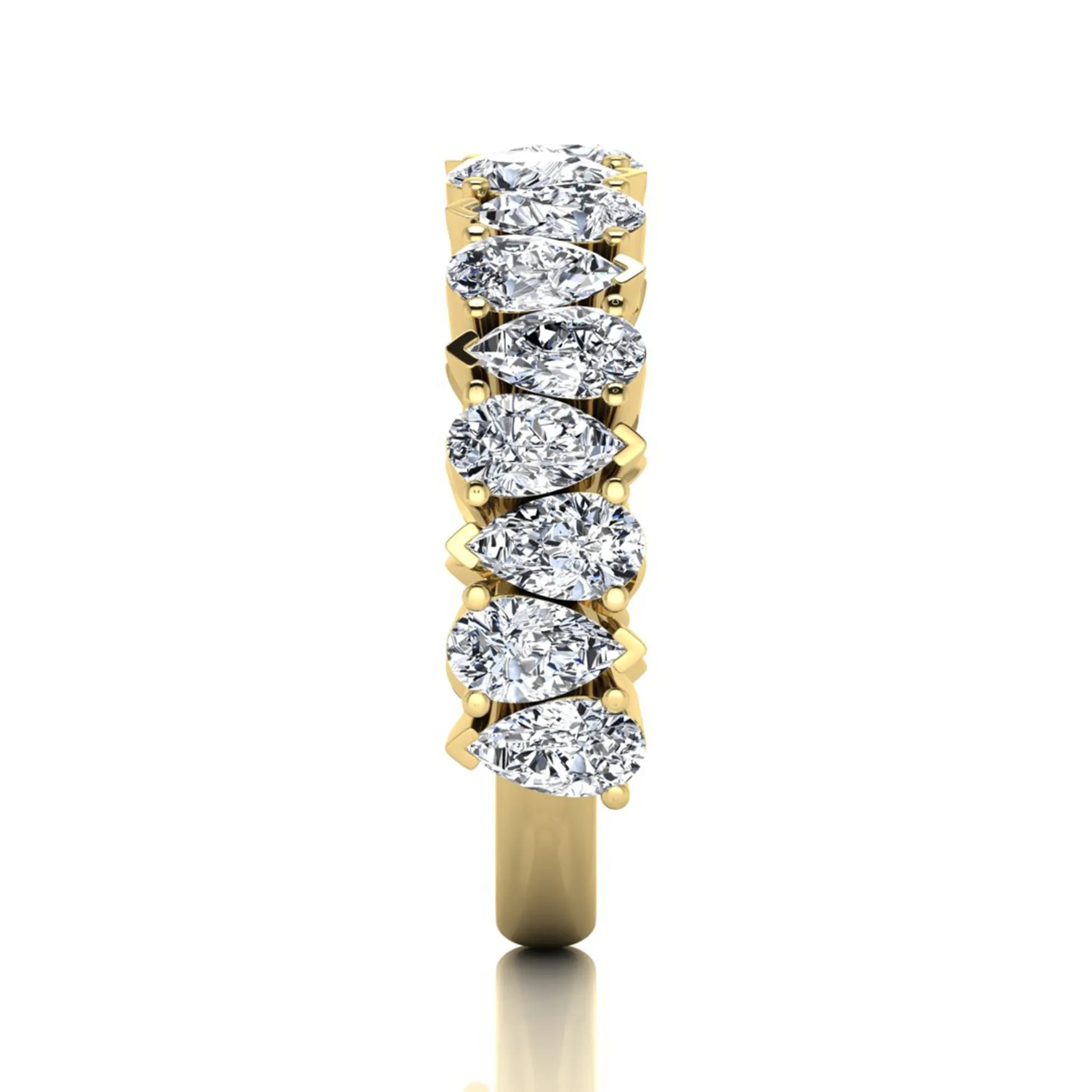 Pear cut lab grown diamond eternity wedding band featuring 4.00 carat total weight diamonds in a shared prong setting with a yellow gold design.