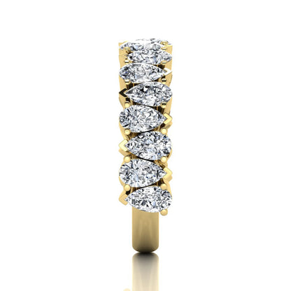 Pear cut lab grown diamond eternity wedding band featuring 4.00 carat total weight diamonds in a shared prong setting with a yellow gold design.