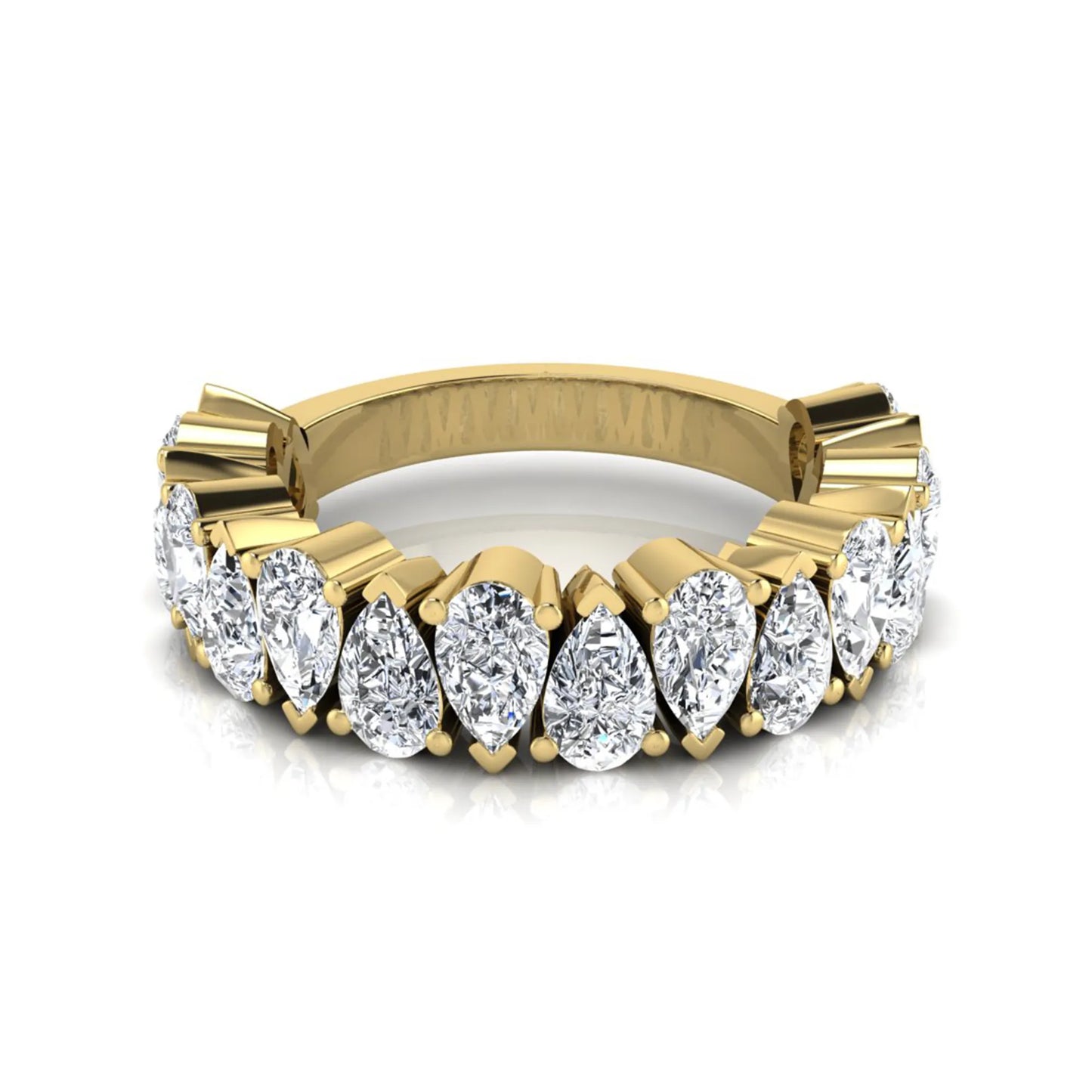 Pear cut lab grown diamond eternity wedding band featuring 4.00 carat total weight diamonds in a shared prong setting with a yellow gold design.
