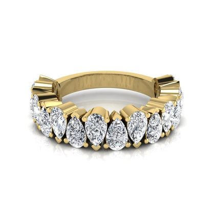 Pear cut lab grown diamond eternity wedding band featuring 4.00 carat total weight diamonds in a shared prong setting with a yellow gold design.
