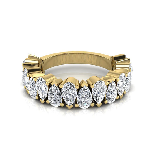 Pear cut lab grown diamond eternity wedding band featuring 4.00 carat total weight diamonds in a shared prong setting with a yellow gold design.