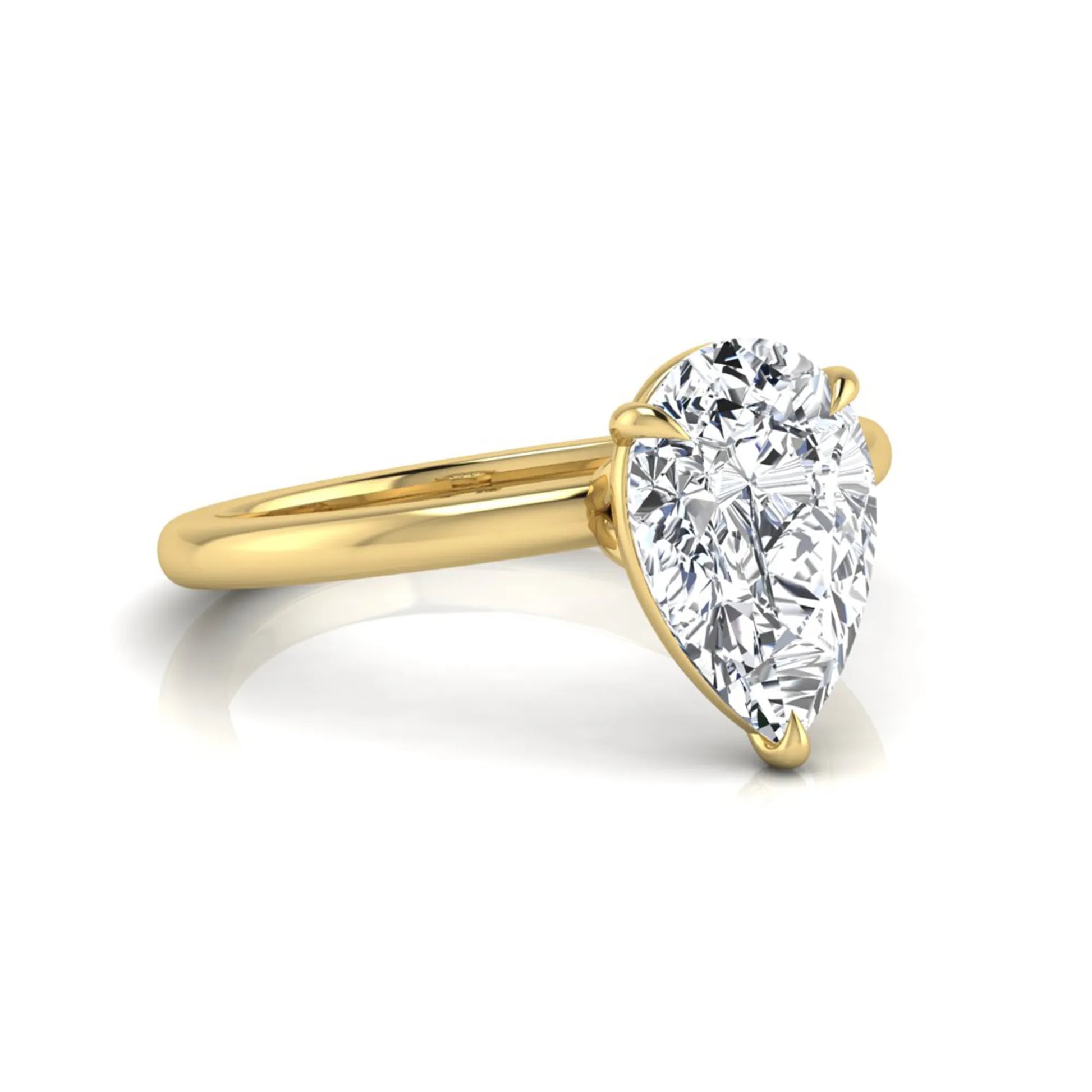 yellow gold 3 carat pear cut lab grown diamond solitaire engagement ring featuring an IGI certified center diamond in a classic three-prong setting.