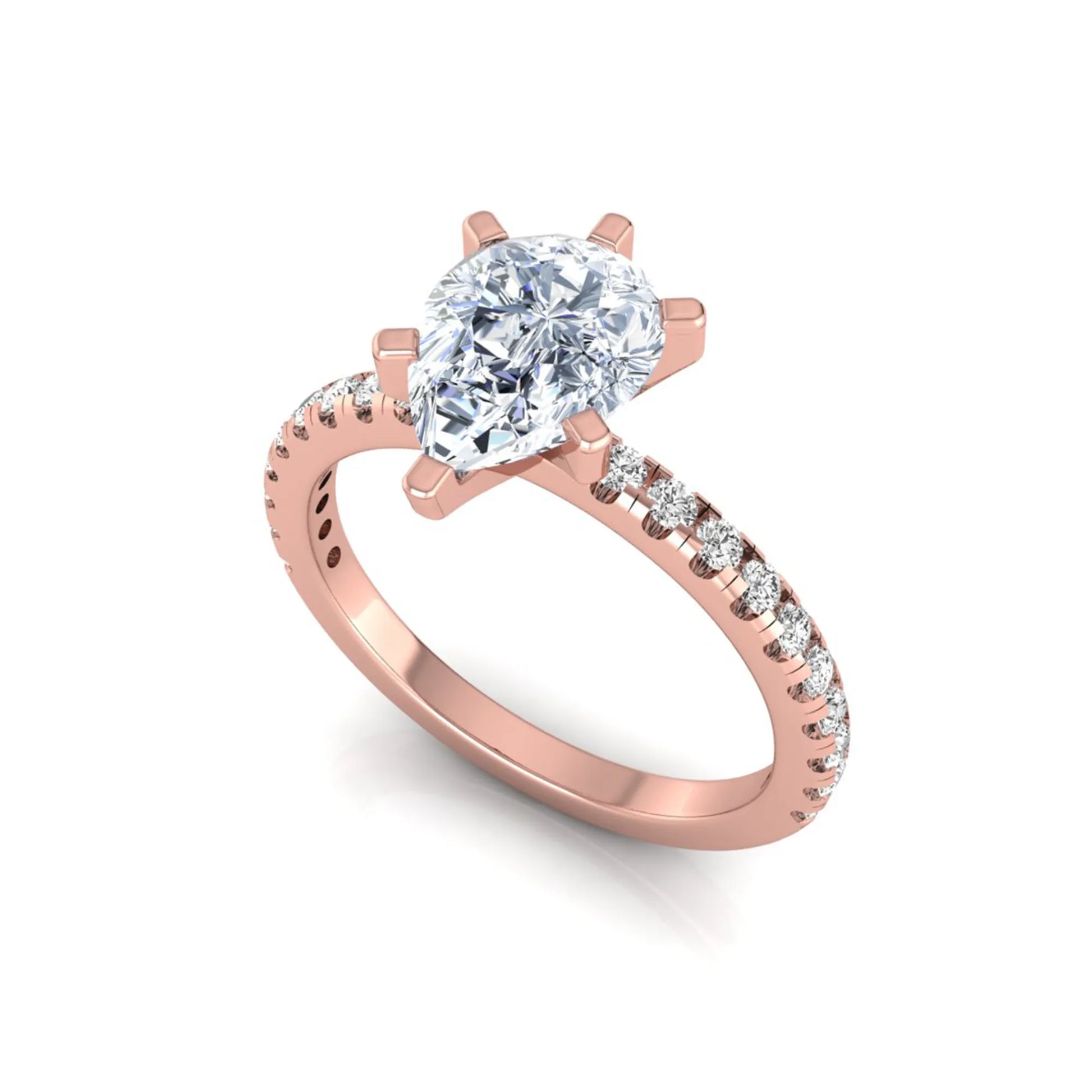 Pear cut lab grown diamond solitaire engagement ring with pavé side diamonds in rose gold featuring a 1.75 carat IGI certified center diamond.