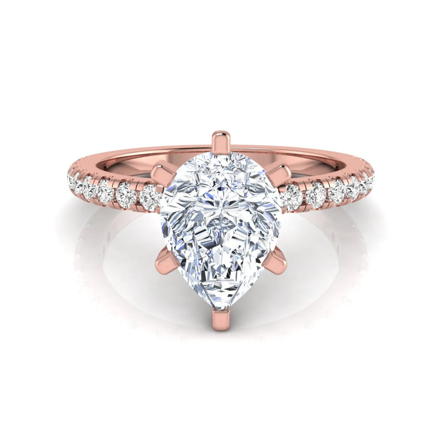 Pear cut lab grown diamond solitaire engagement ring with pavé side diamonds in rose gold featuring a 1.75 carat IGI certified center diamond.