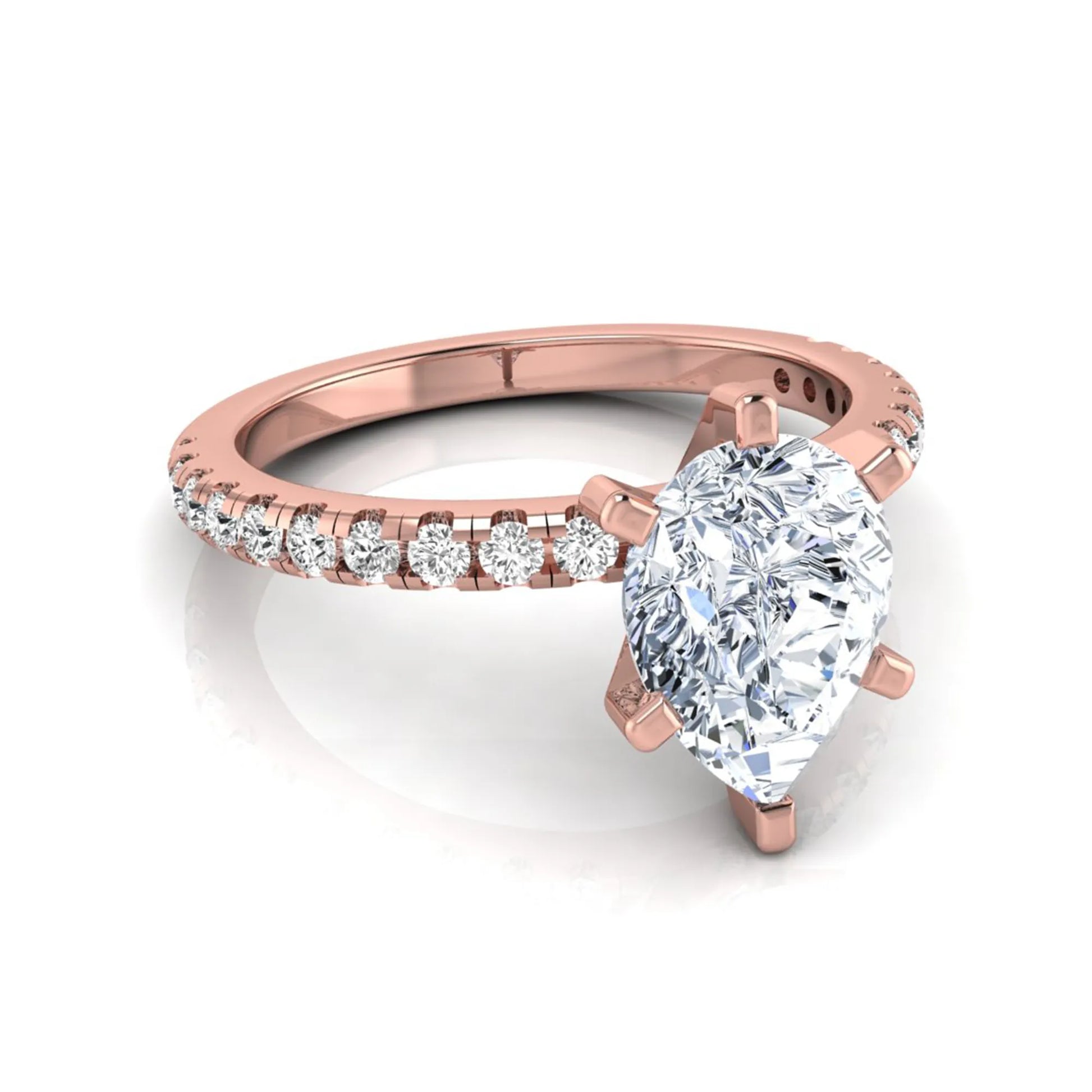 Pear cut lab grown diamond solitaire engagement ring with pavé side diamonds in rose gold featuring a 1.75 carat IGI certified center diamond.