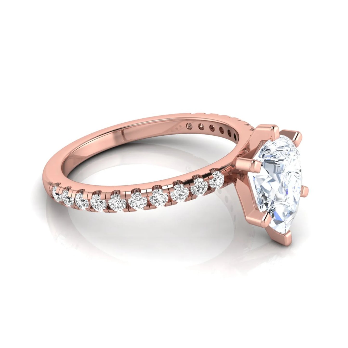Pear cut lab grown diamond solitaire engagement ring with pavé side diamonds in rose gold featuring a 1.75 carat IGI certified center diamond.