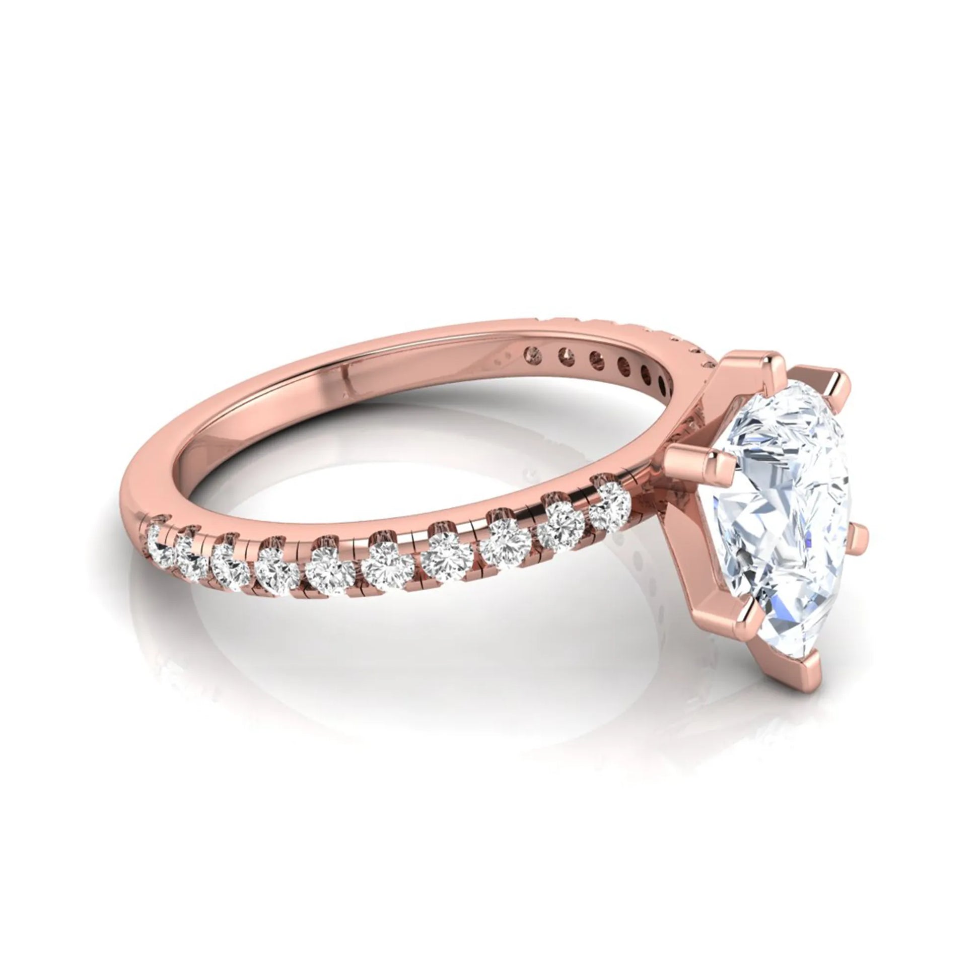 Pear cut lab grown diamond solitaire engagement ring with pavé side diamonds in rose gold featuring a 1.75 carat IGI certified center diamond.