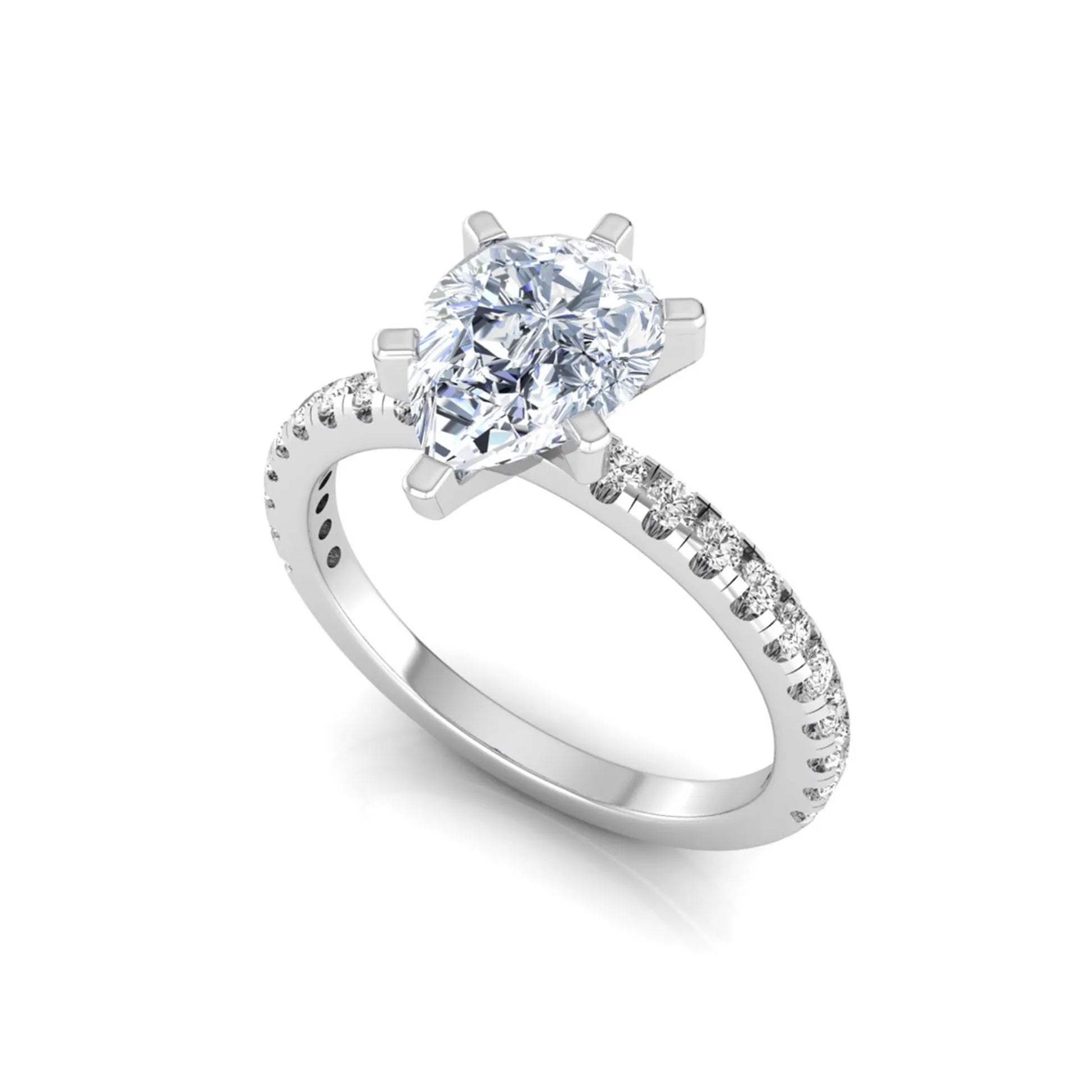 Pear cut lab grown diamond solitaire engagement ring with pavé side diamonds in white gold featuring a 1.75 carat IGI certified center diamond.