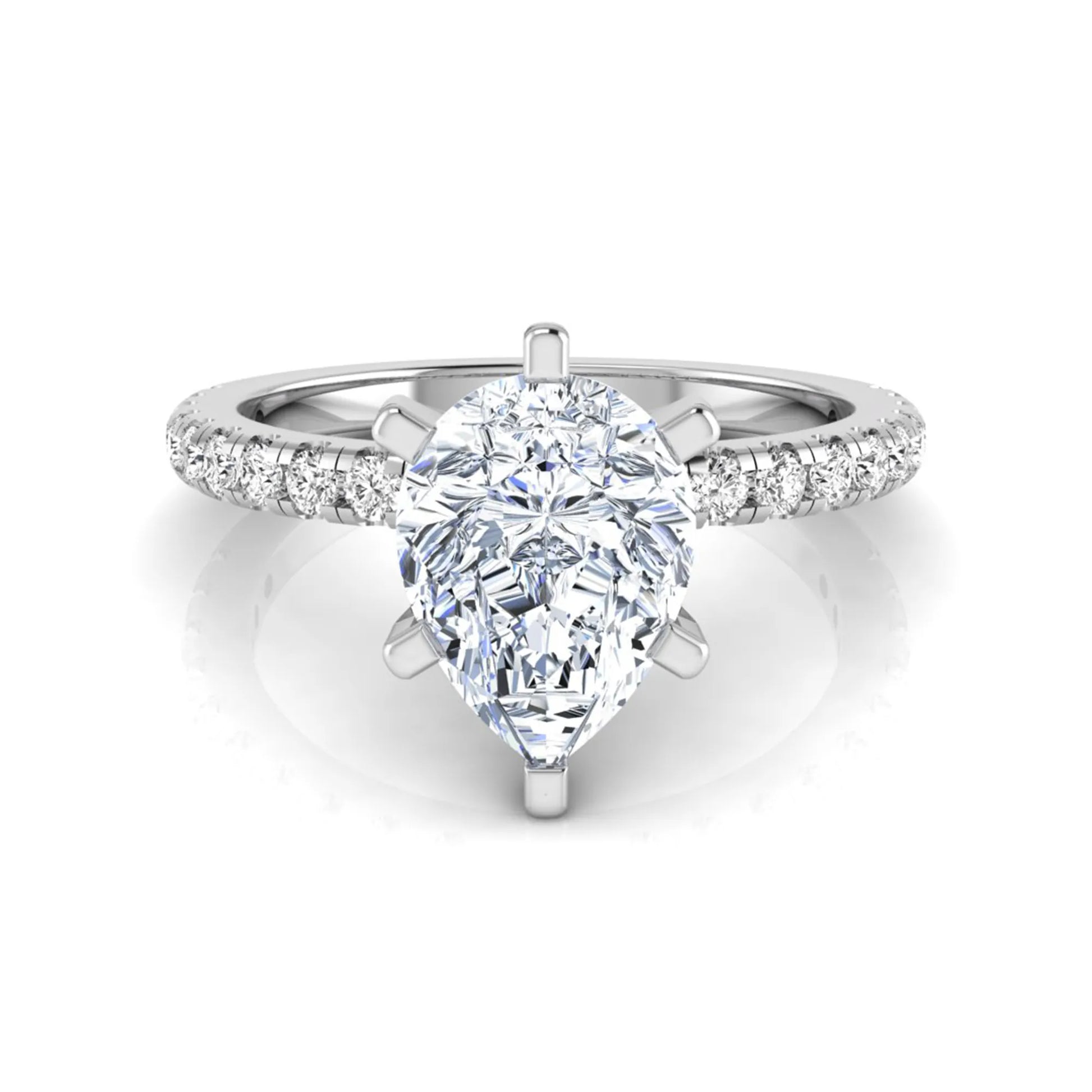 Pear cut lab grown diamond solitaire engagement ring with pavé side diamonds in white gold featuring a 1.75 carat IGI certified center diamond.