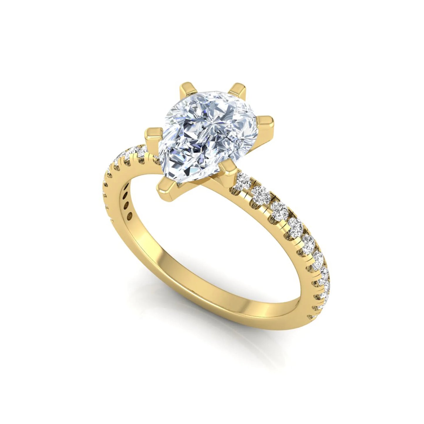 Pear cut lab grown diamond solitaire engagement ring with pavé side diamonds in yellow gold featuring a 1.75 carat IGI certified center diamond.