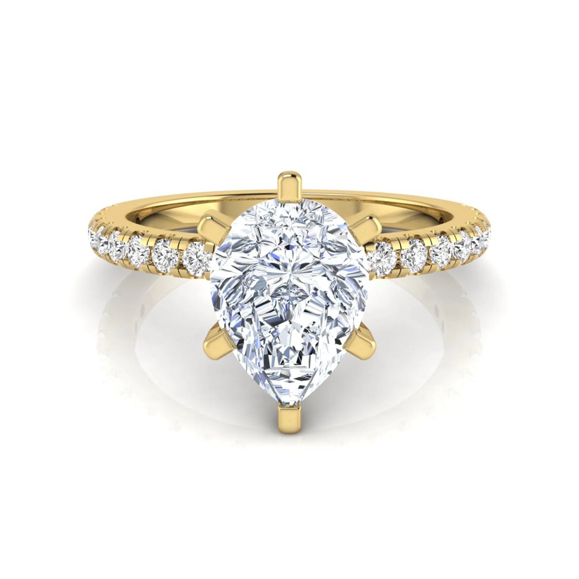 Pear cut lab grown diamond solitaire engagement ring with pavé side diamonds in yellow gold featuring a 1.75 carat IGI certified center diamond.