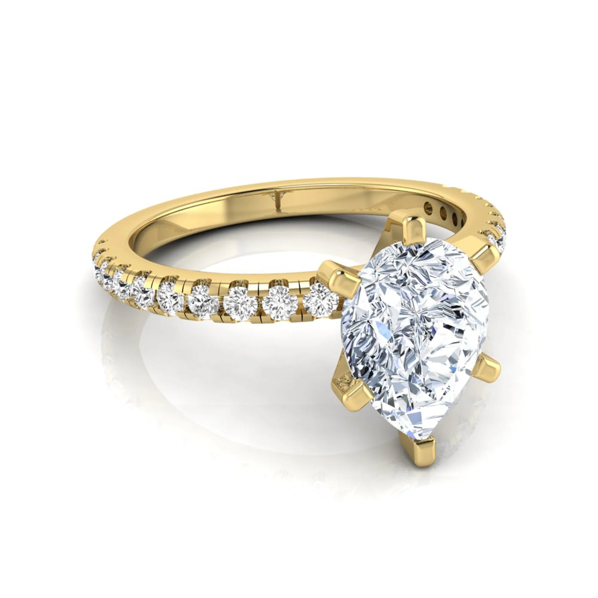 Pear cut lab grown diamond solitaire engagement ring with pavé side diamonds in yellow gold featuring a 1.75 carat IGI certified center diamond.