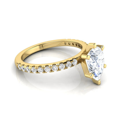 Pear cut lab grown diamond solitaire engagement ring with pavé side diamonds in yellow gold featuring a 1.75 carat IGI certified center diamond.